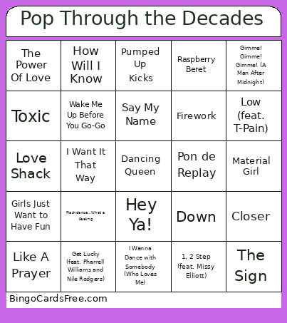 Pop Through The Decades Bingo Card