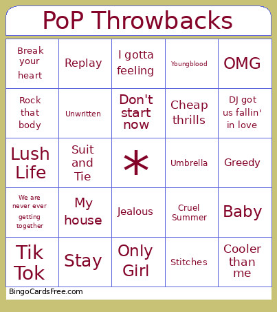 PoP Throwbacks Bingo Card