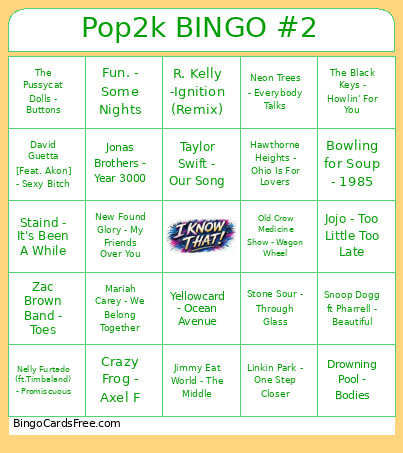 Pop2k #2 Bingo Card