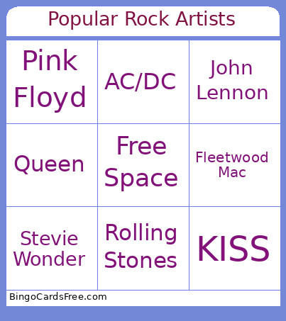 Popular Rock Artists Bingo Card