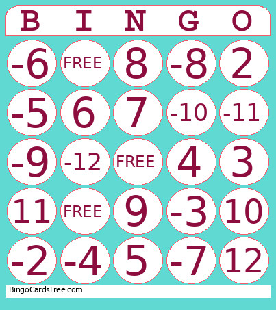 Positive & Negative Numbers Bingo Card