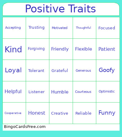 Positive Traits Bingo Card