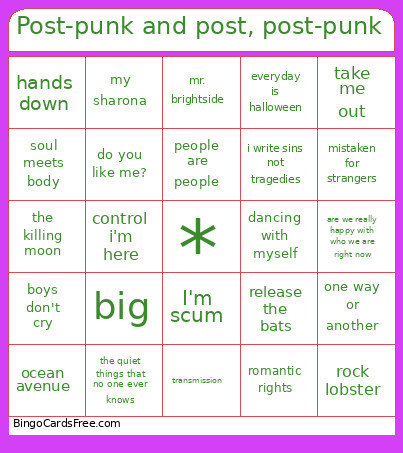 Post-punk And Post, Post-punk Bingo Card