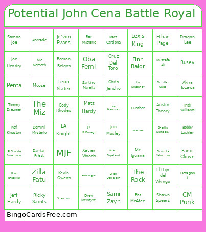 Potential John Cena Competitiors Bingo Card