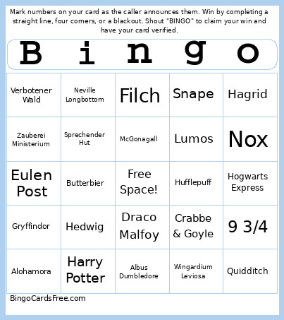 Potter Bingo Card