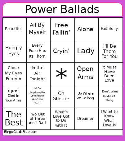 Power Ballads Bingo Card