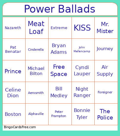 Power Ballads Bingo Card