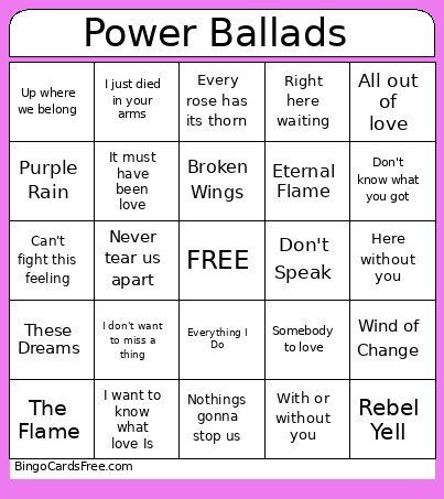 Power Ballads Bingo Card