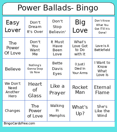 Power Ballads- Bingo Card