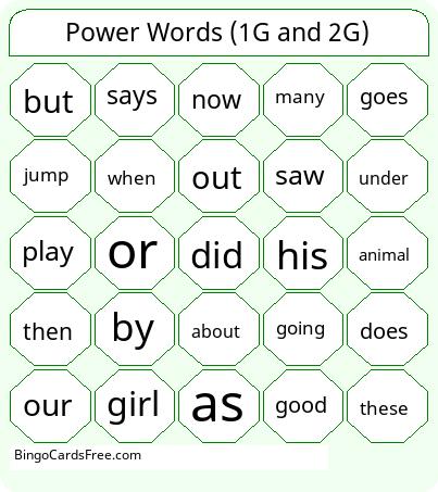 Power Words (Grade 1 & Grade 2) Bingo Cards Free Pdf Printable Game, Title: Power Words (1G and 2G)