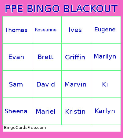 PPE BLACKOUT Bingo Card