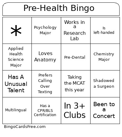 Pre-Health Bingo Card