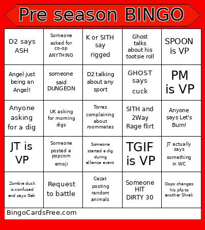 Pre Season Bingo Card