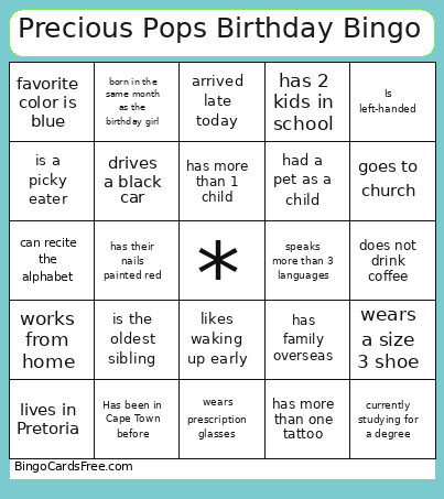 Precious Pops Birthday Bingo Card