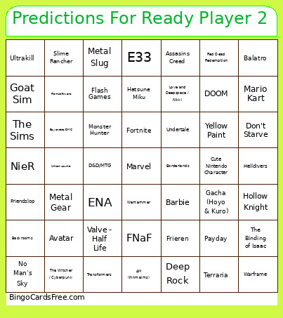 Predictions For Ready Player 2 Bingo Card