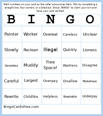 Prefix Suffix Bingo Card