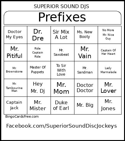 Prefixes Bingo Card