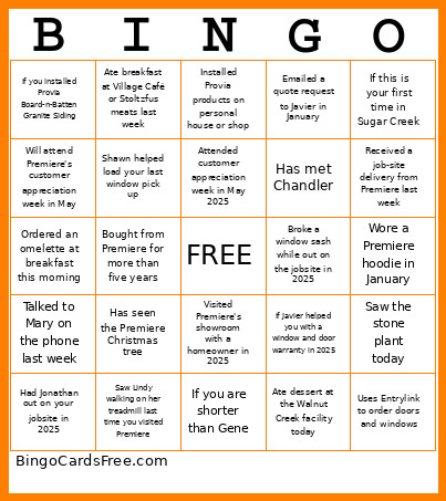 Premier Building Products Bingo Card