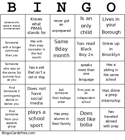 Prep Bingo Card