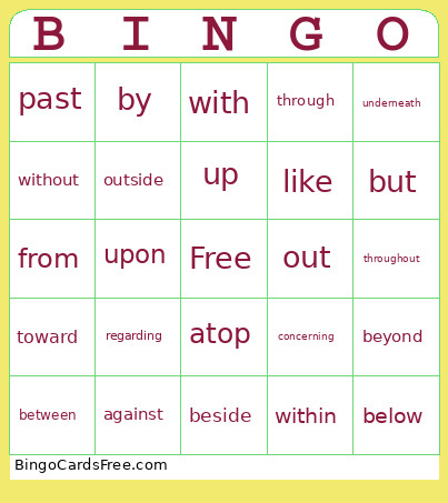 Preposition Bingo Card