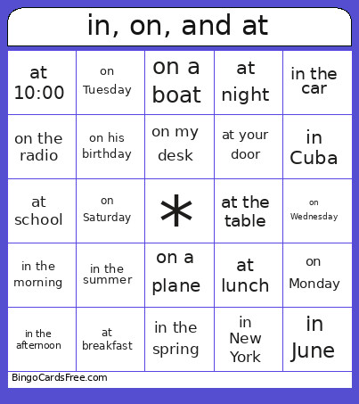 Prepositional Phrases Bingo Card