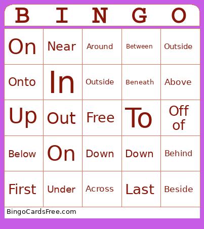 Prepositions Bingo Card 2