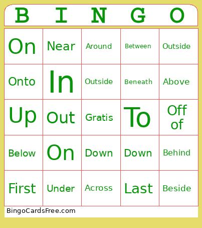 Prepositions Bingo Card