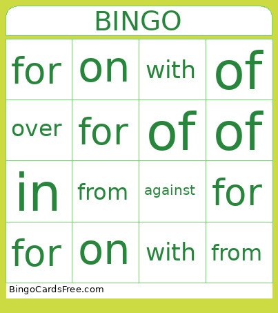 Prepositions Bingo Card