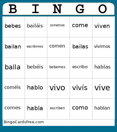 Presen Tense Review Bingo Card
