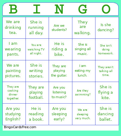 Present Continuous Bingo Card