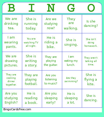 Present Continuous Bingo Card