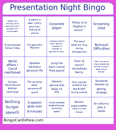 Presentation Night 2025 Bingo Card