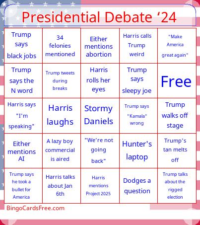 Presidential Debate ‘24 Bingo Cards Free Pdf Printable Game, Title: Presidential Debate ‘24