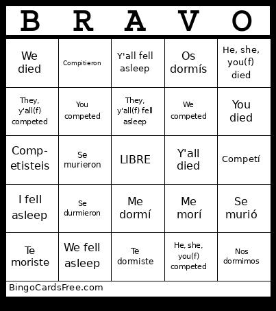 Preterite Stem Change Bingo Cards Free Pdf Printable Game, Title: BRAVO