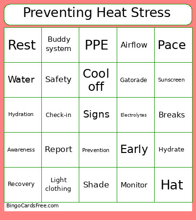 Preventing Heat Stress Bingo Card