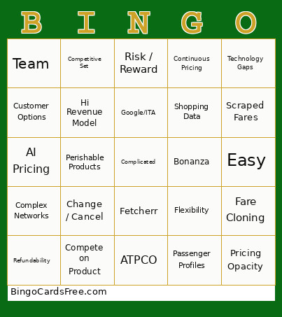 Pricing Bonanza Bingo Card