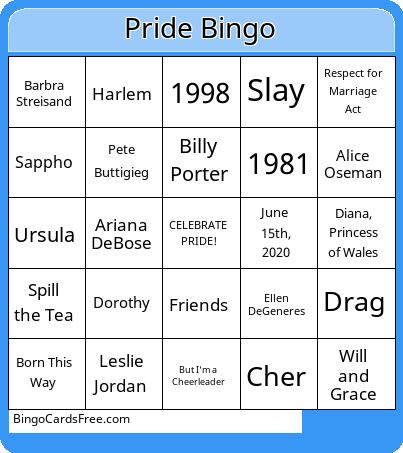 Pride Bingo Cards Free Pdf Printable Game, Title: Pride Bingo