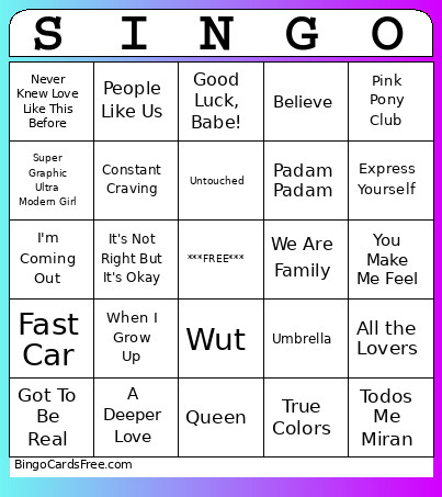 Pride SINGO #1 Bingo Card