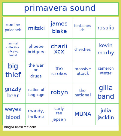 Primavera Sound Bingo Card