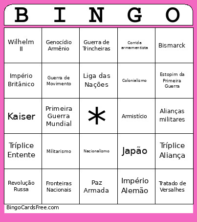 Primeira Guerra Mundial Bingo Card