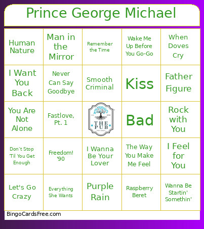 Prince George Michael Bingo Card