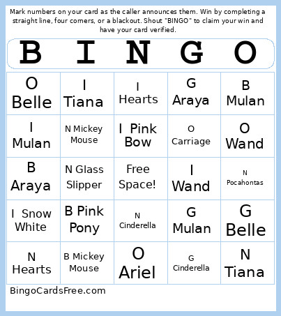 Princess Bingo Card