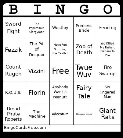 Princess Bride Bingo Card