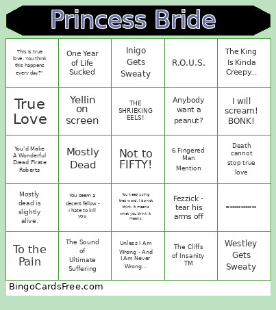 Princess Bride Valentine's Party Bingo Card