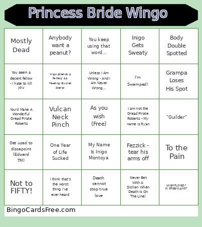 Princess Bride Wingo Bingo Card
