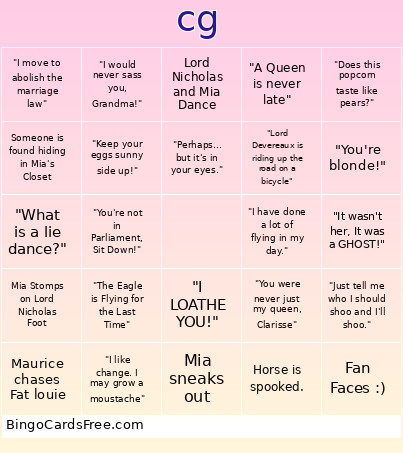 Princess Diaries 2 Bingo Card