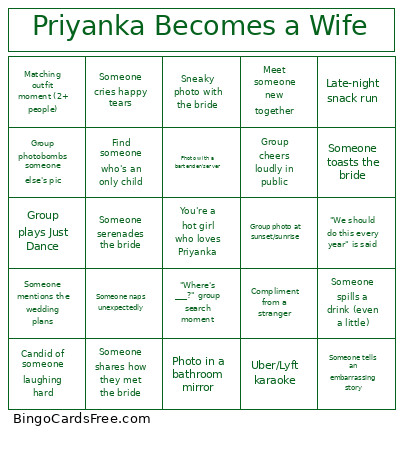 Priyanka Becomes A Wife Bingo Card