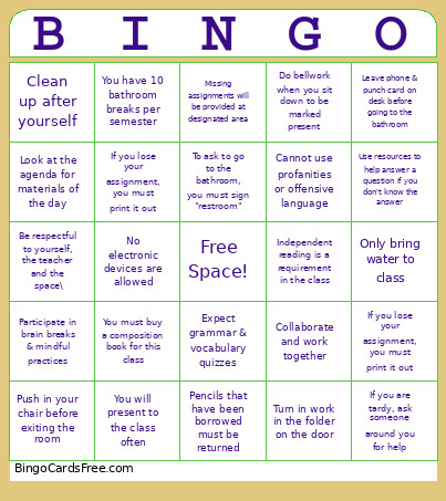 Procedures & Expectations Bingo Card