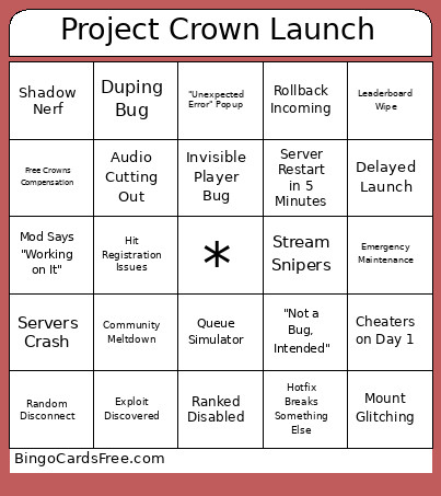 Project Crown Launch Bingo Card