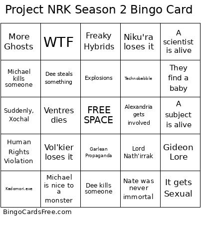 Project NRK Season 2 Bingo Card